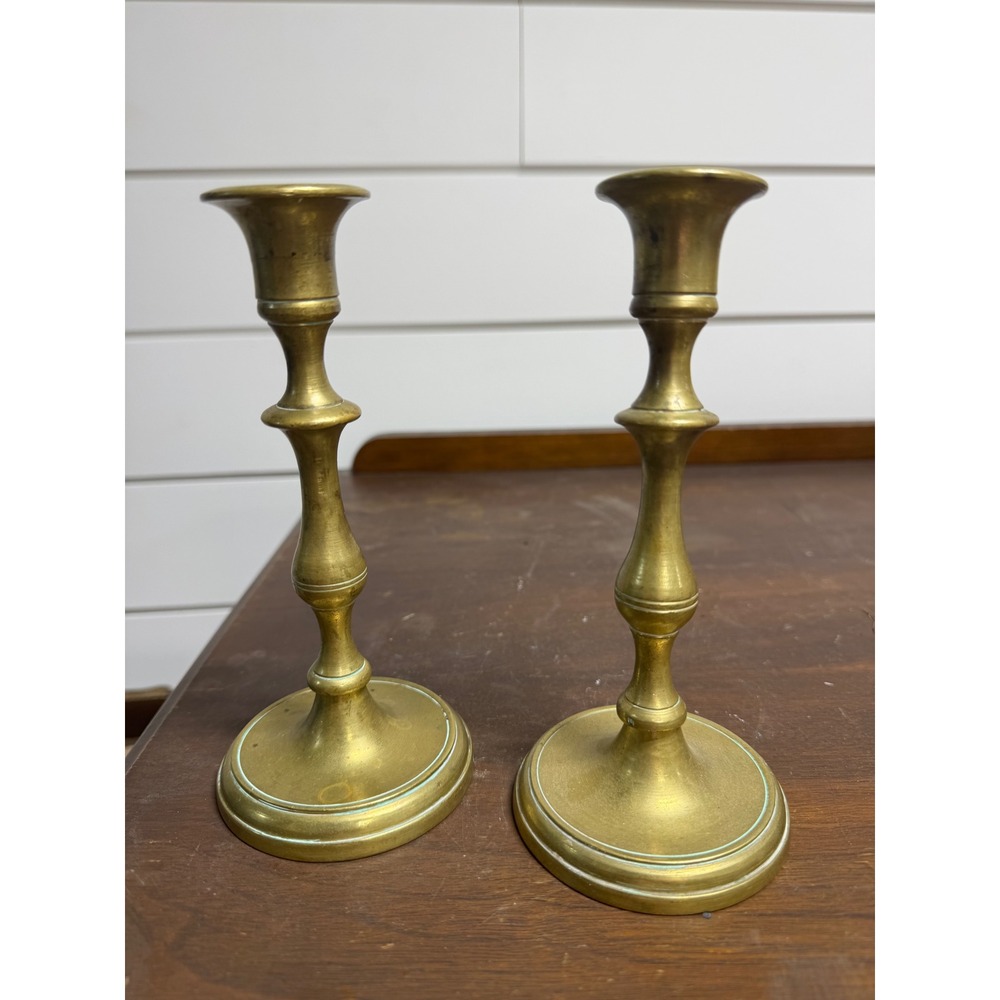 Vintage Solid Brass Candlestick Holders Pair 7 Inch Taper Candle Stands Baluster